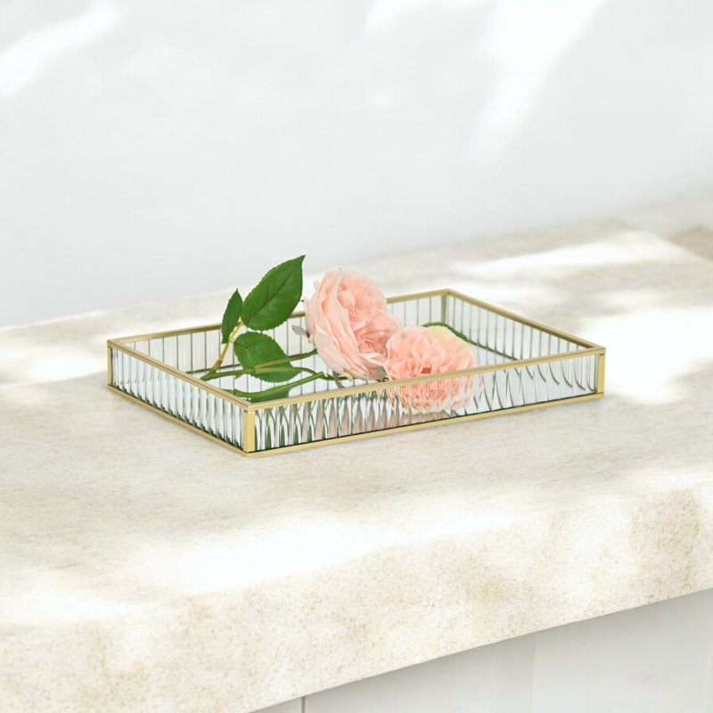 Plateau rectangulaire en verre cannelé Veldra, Doré, H 1,3 po x l 11 po x P 7,75 po