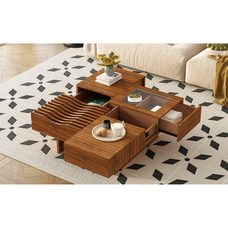 Table basse moderne avec rangement, bois massif et verre, idéale pour le salon