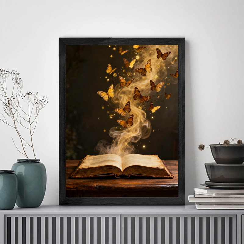 Reproduction d'art encadré noir avec papillon doré et livre mystique, H 11 po x l 9 po
