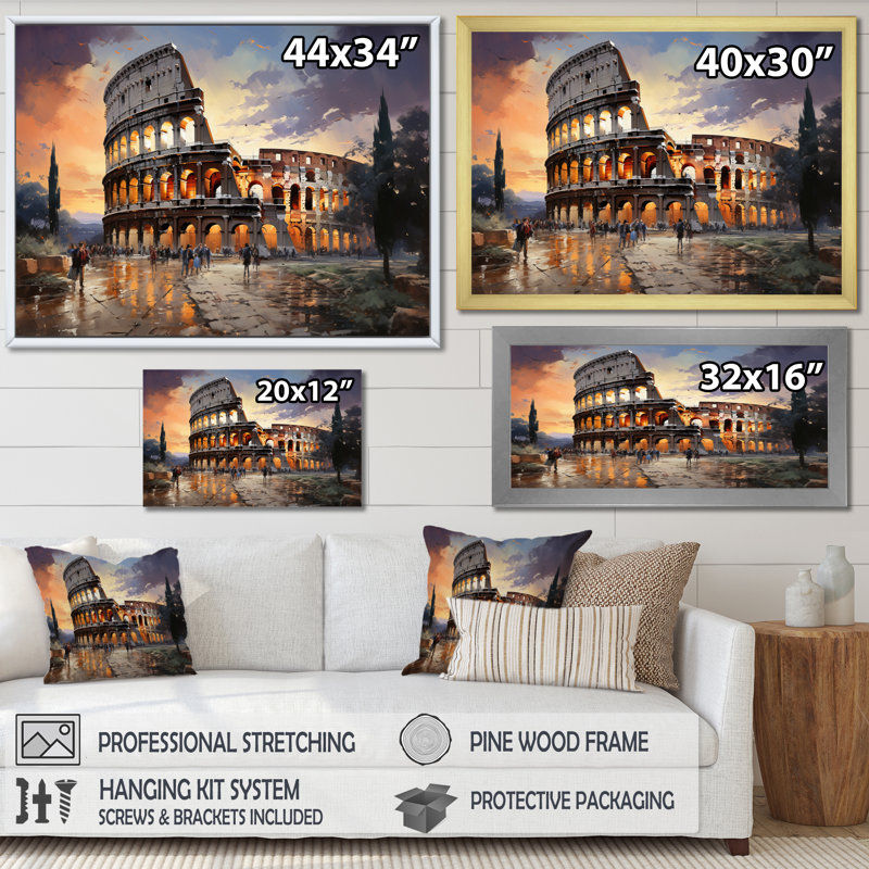 Beige, Italie, Colisée, Colosseo, sur toile, H 34 po x l 44 po x P 1,5 po, Cadre simple noir