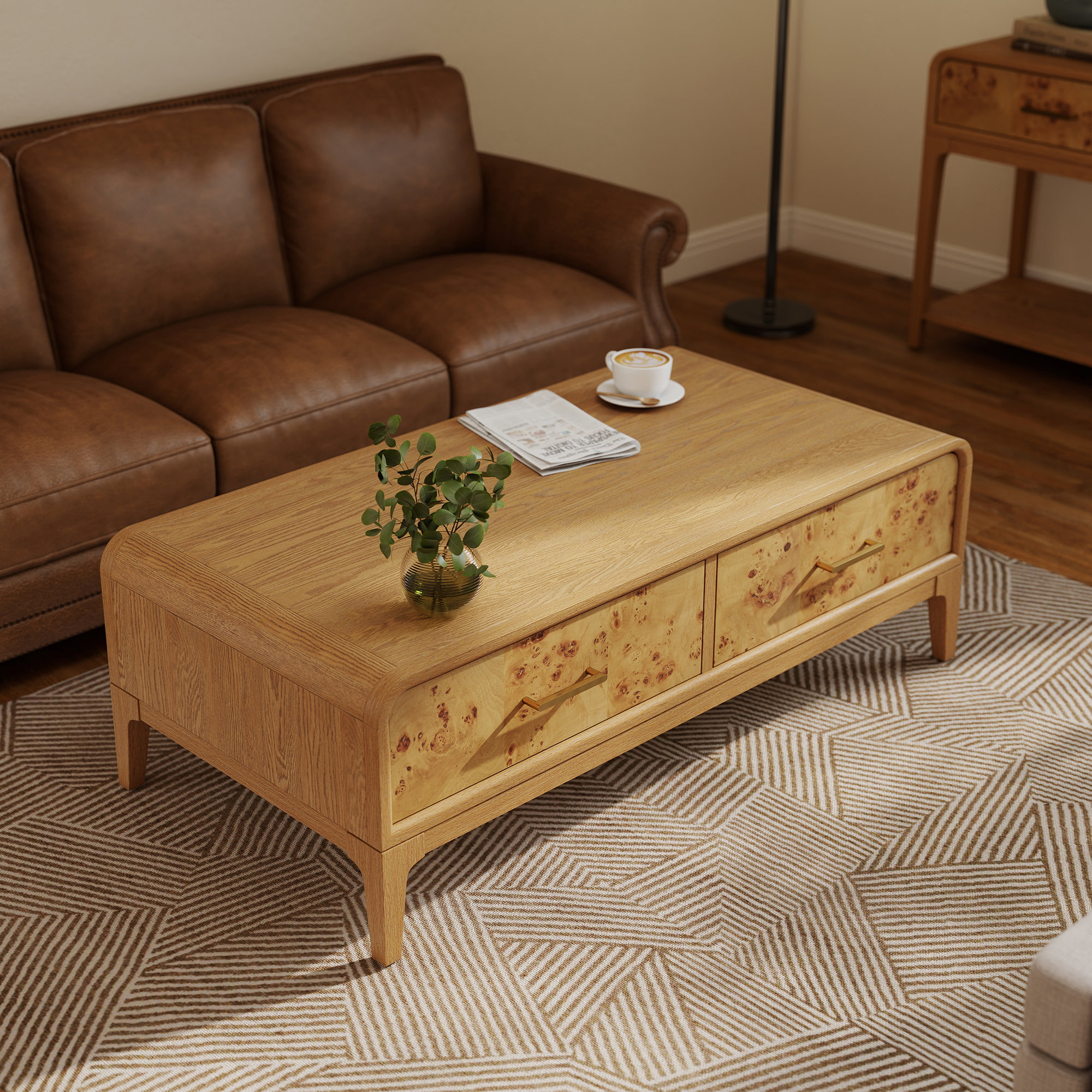 Adden Burl Wood Storage Coffee Table, Oak