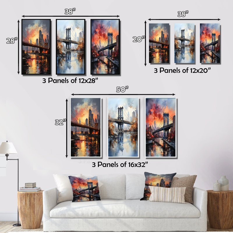 «Coral Bridge Urban Silhouettes», 3 pièces sur toile, Encadré naturel, H 28 po x l 36 po