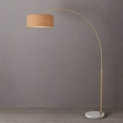 Lampe à arc Float 92 po - Laiton vieilli, base en marbre blanc, abat-jour en toile de jute, intensité variable, ampoule incluse
