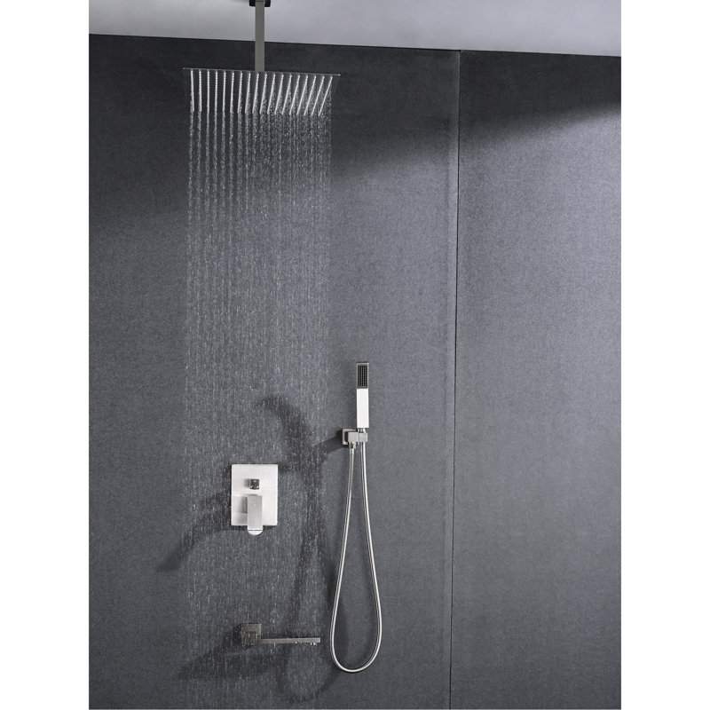 Brushed Nickel Ceiling Mounted Shower With Self-Cleaning 16" Head And Handheld, Stainless Steel - Mounted, Handheld For Natural Nozzle Workability