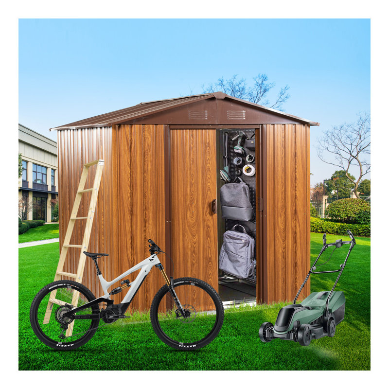 6 Ft. W X 6 Ft. D Metal Storage Shed Appealing Horizontal Siding  In Woodgrain With Coffee Trim To Complement