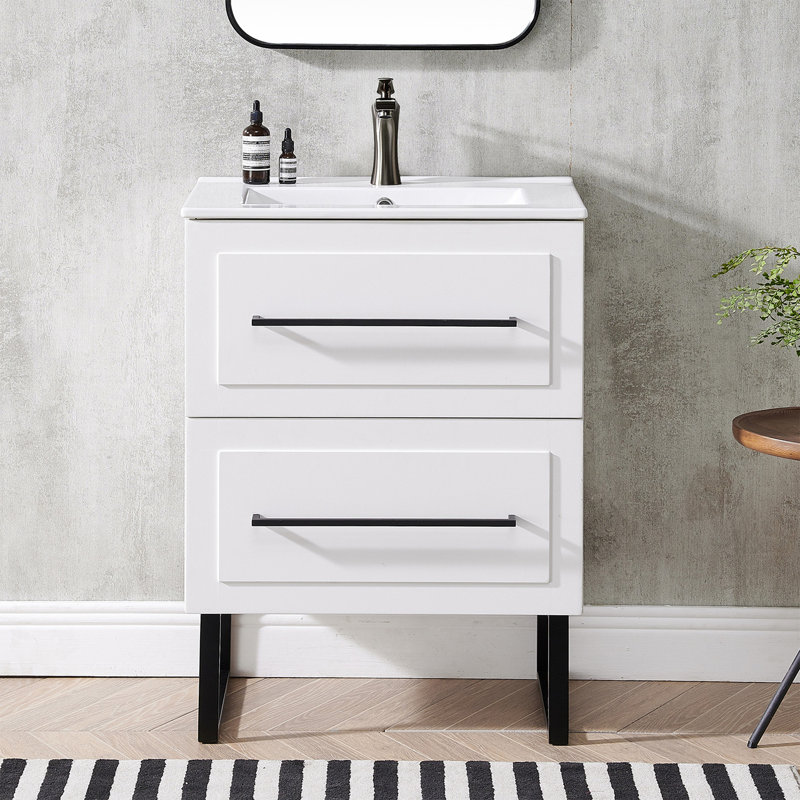 24" Single Bathroom Vanity Set with Integrated Ceramic Sink, Modern Free-standing Vanity with 2 Soft-Close Drawers, Ideal for Small Bathrooms & Powder Rooms