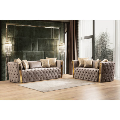 Moderne, salon 2 pièces revêtu de velours 100%, bouton, accents dorés, siège en mousse haute densité de luxe, tissu en velours, surface, mousse, décor principal