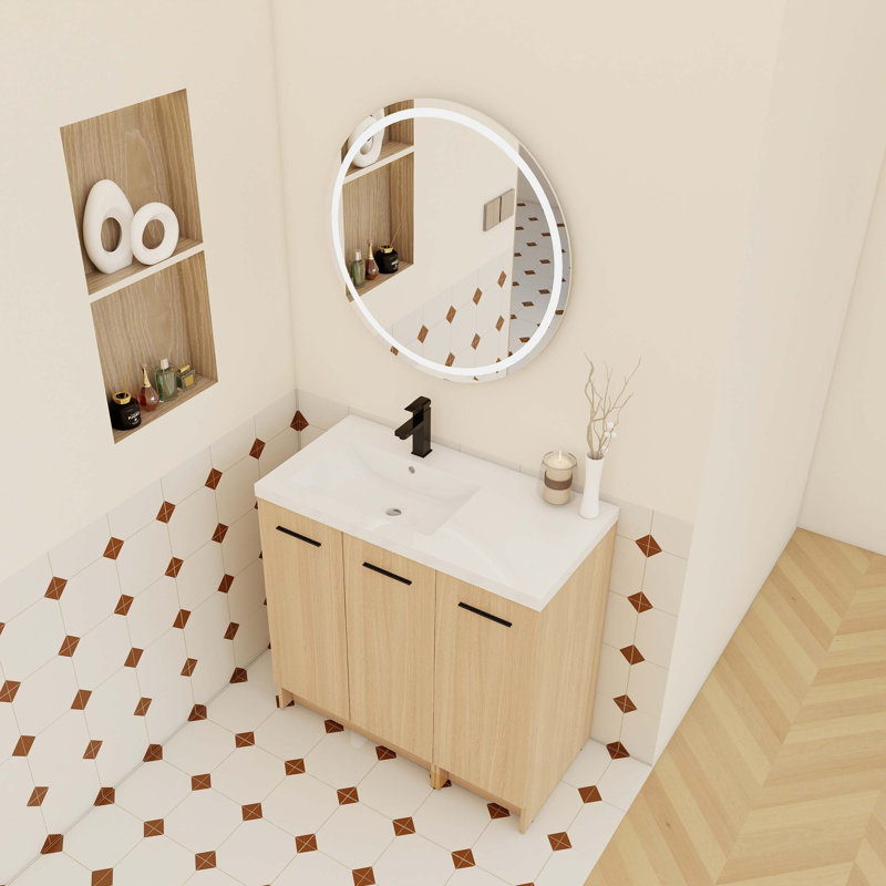 Meuble-lavabo autoportant modulaire de 36 po avec comptoir intégré en résine, deux pièces d'armoire flexibles, assemblage démontable et deux poignées.