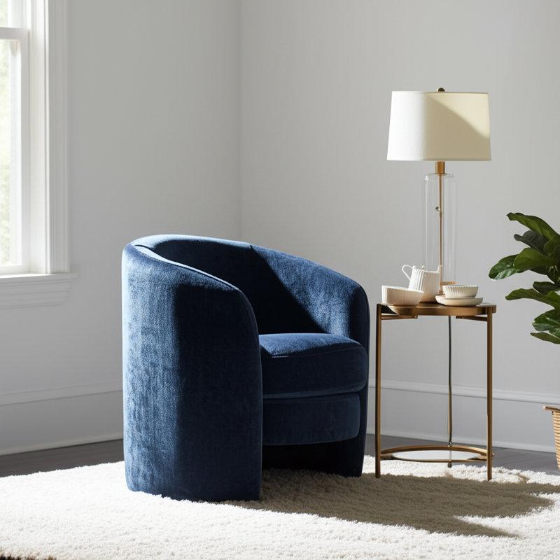 Fauteuil demi-tonneau enveloppant, 100 % lin bleu