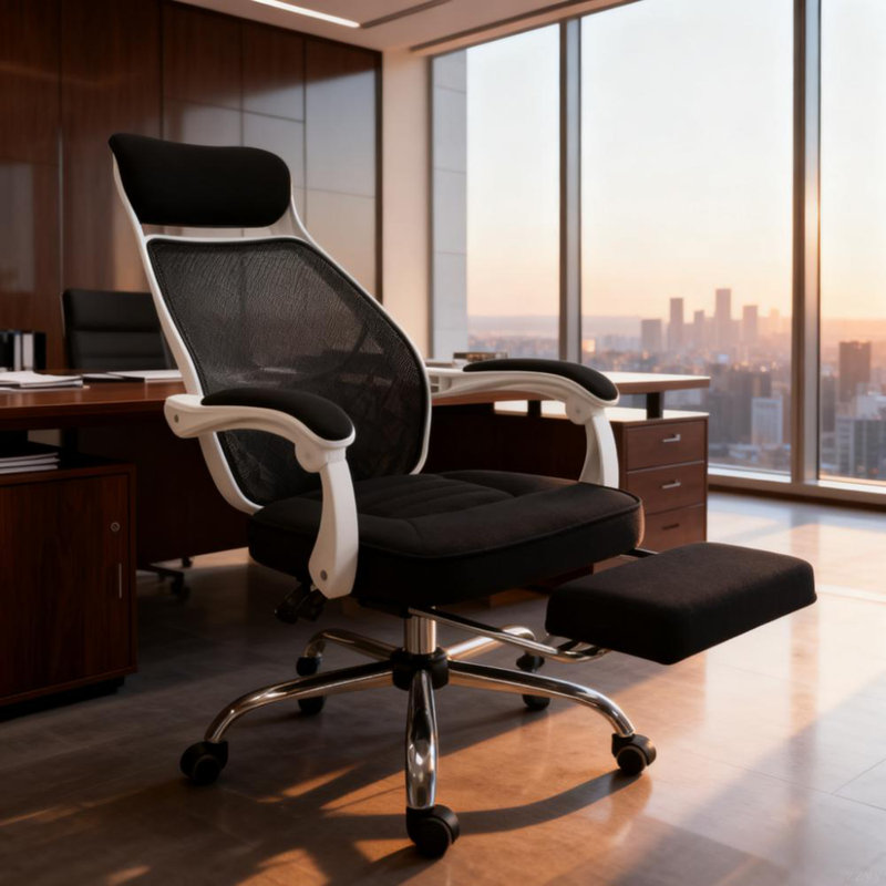High Back Mesh Office Chair Swivel Reclining Computer Desk Chair With Retractable Footrest,Headrest,Padded Armrest