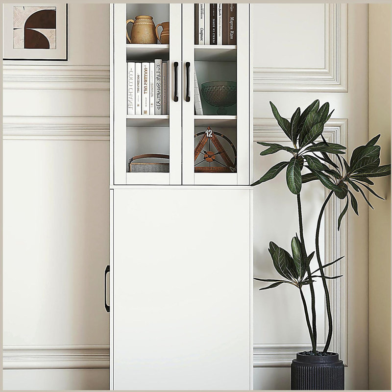 70.87" H Display Storage Cabinet , 4 Tier multi-functional pull-out multi-tier storage shelf & 2 Glass Doors, Modern Wooden Tall Bookshelf Bookcase