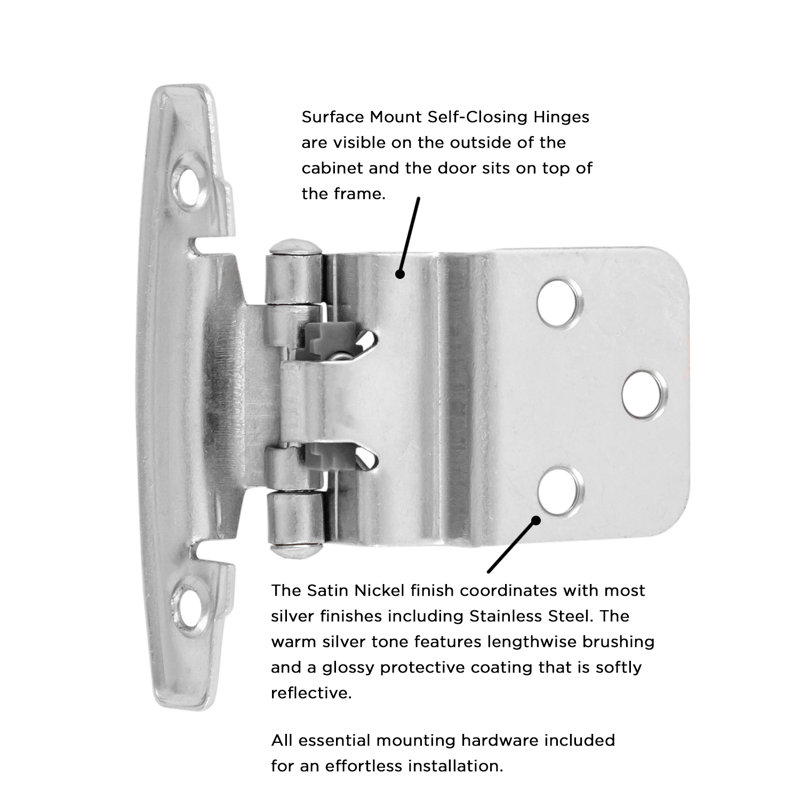 Surface Self-Closing Variable overlay, 3/8 Inch Inset Face Frame Self-Close - Satin Nickel - Cabinet Door Hinges (Set of 10)