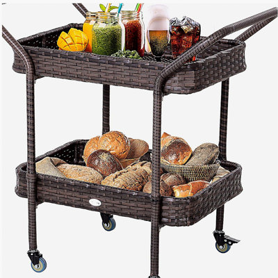 Wicker service trolley with double-layer open shelves, outdoor two-wheel bar cart with brakes, suitable for poolside, garden, terrace