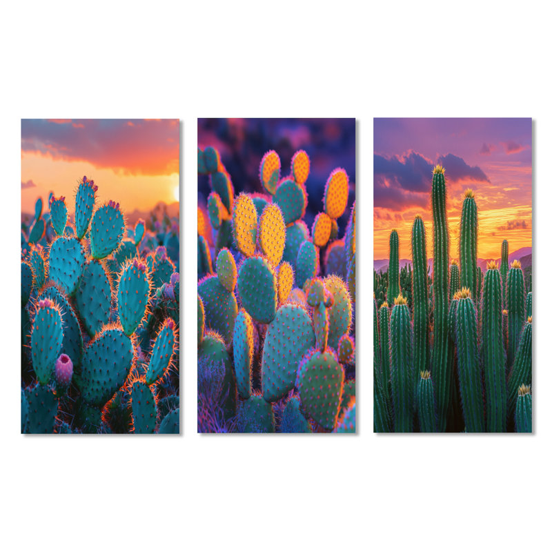 Cactus Garden at Sunset in Mexico I - Botanical, art mural en métal 3 pièces, H 40 po x l 60 po