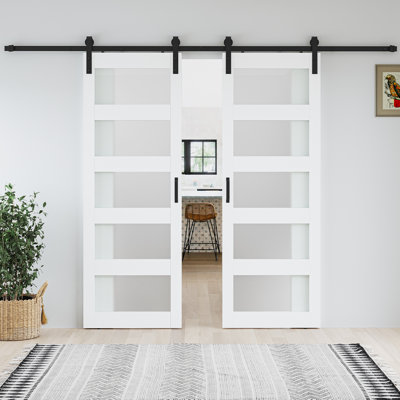 60" x 80" Tempered Frosted Glass Double Sliding Barn Doors with Installation Hardware Kit 