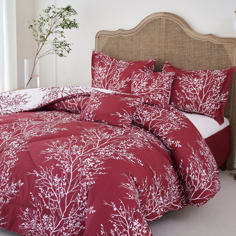 Foliage Reversible Comforter Set, Burgundy/White, Twin Comforter Set + 4 Additional Pieces