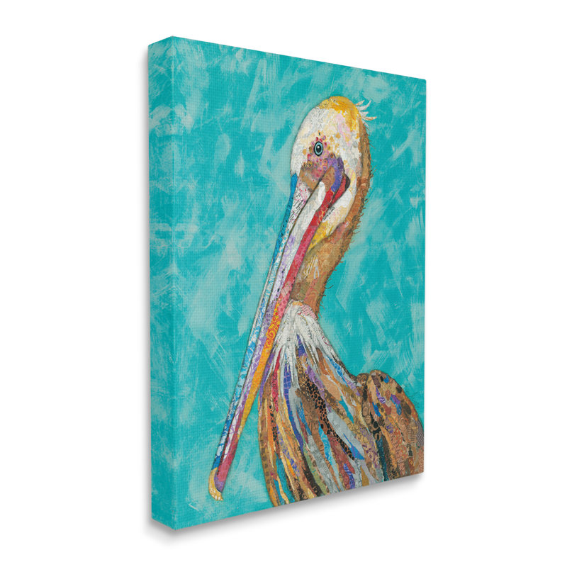 «Bold Pelican Bird», motif de collage varié - peinture sur toile tendue, Toile tendue, H 20 po x l 16 po x P 1,5 po