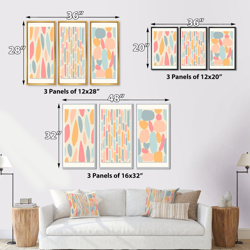 "Patchwork of Pastel Shaped Shapes" - 3 pièces, cadre flottant, impression sur toile, Cadre noir, H 28 po x l 36 po