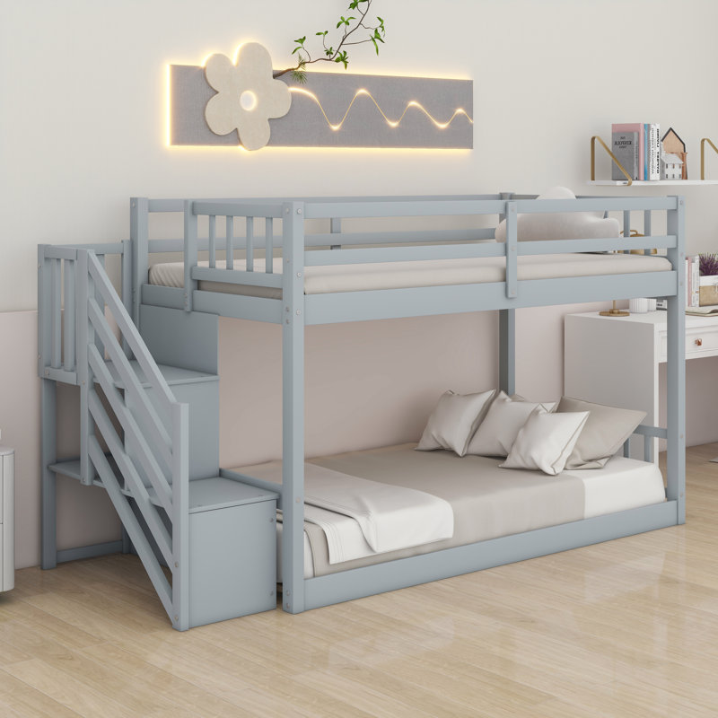 Lit superposé simple au-dessus de simple, lits superposés bas en bois avec escalier de rangement, Gris