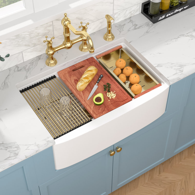 Évier de cuisine en céramique blanc à tablier frontal avec station de travail et accessoires L 33 po x l 21 po, Doré