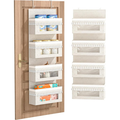 Rangement à 4 niveaux au-dessus de la porte de la chambre de bébé, organisateur de porte Boho suspendu avec des glands et une fenêtre transparente, rangement derrière la porte pour la chambre de bébé, chambre à coucher, salle de bain, buanderie, garde-manger