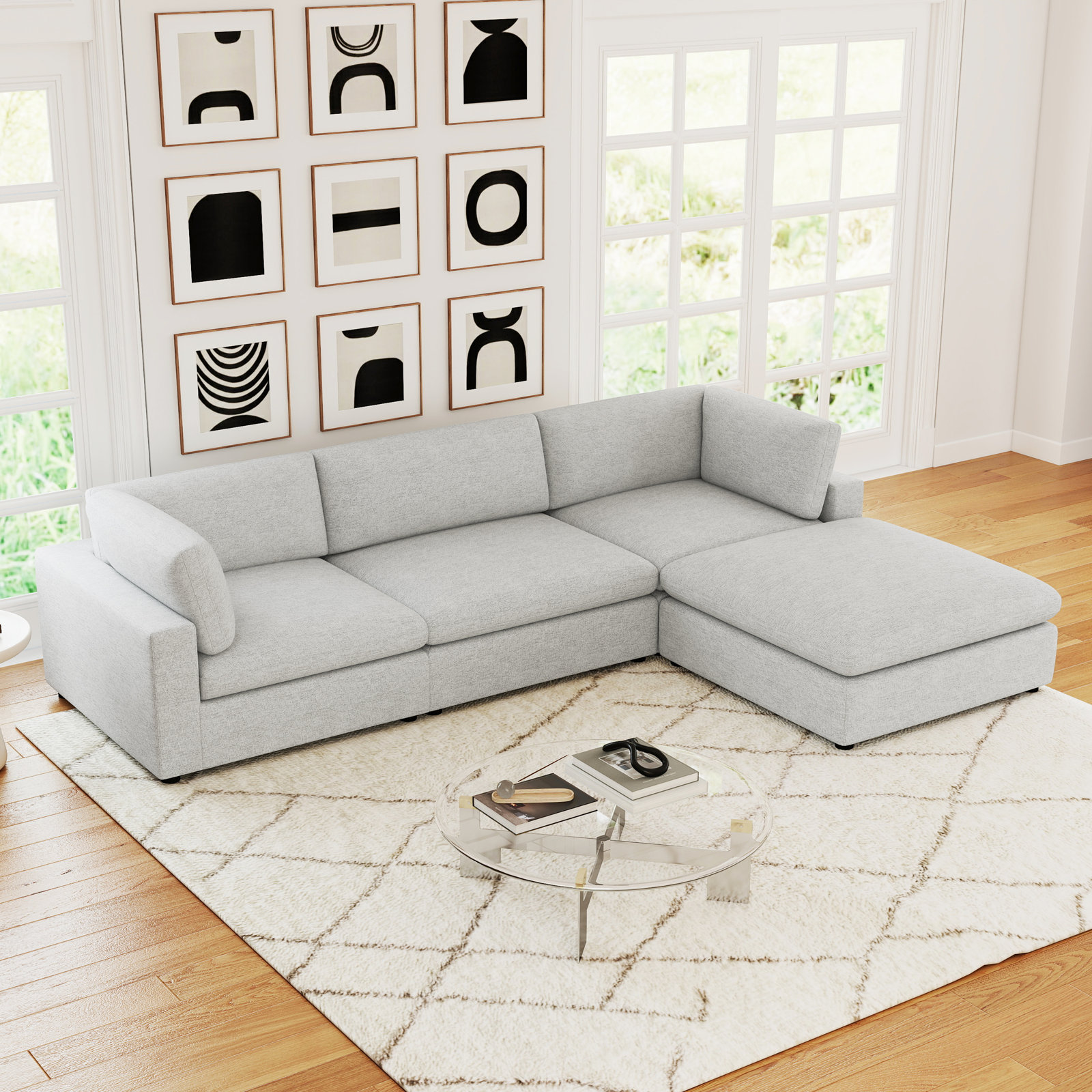 Nuccio 4-Piece Minimalist Modern Soft-Upholstered Sectional With Ottoman, Cream Chenille