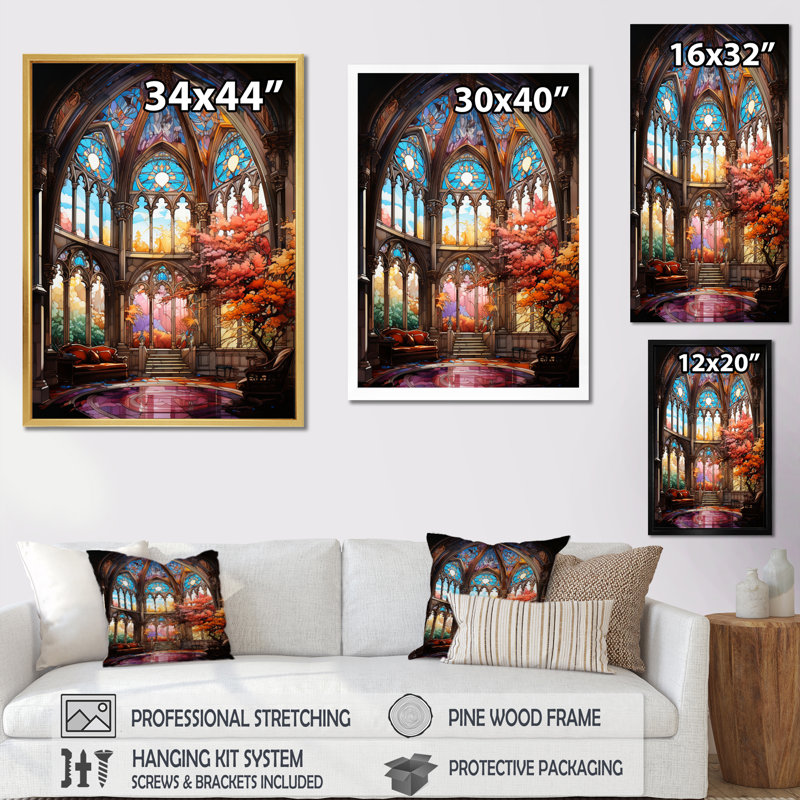 «Church Stain Glass Windows II - Church», reproduction d'art sur toile encadrée, Cadre doré simple