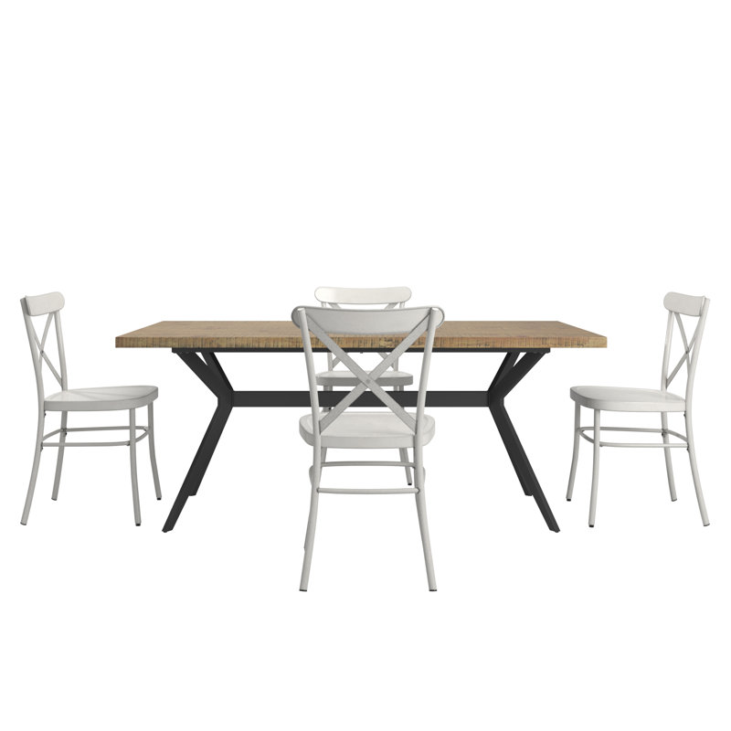 Ensemble de table de salle à manger et de chaises en métal à dossier en X de 70 po Devan, Brun, Blanc