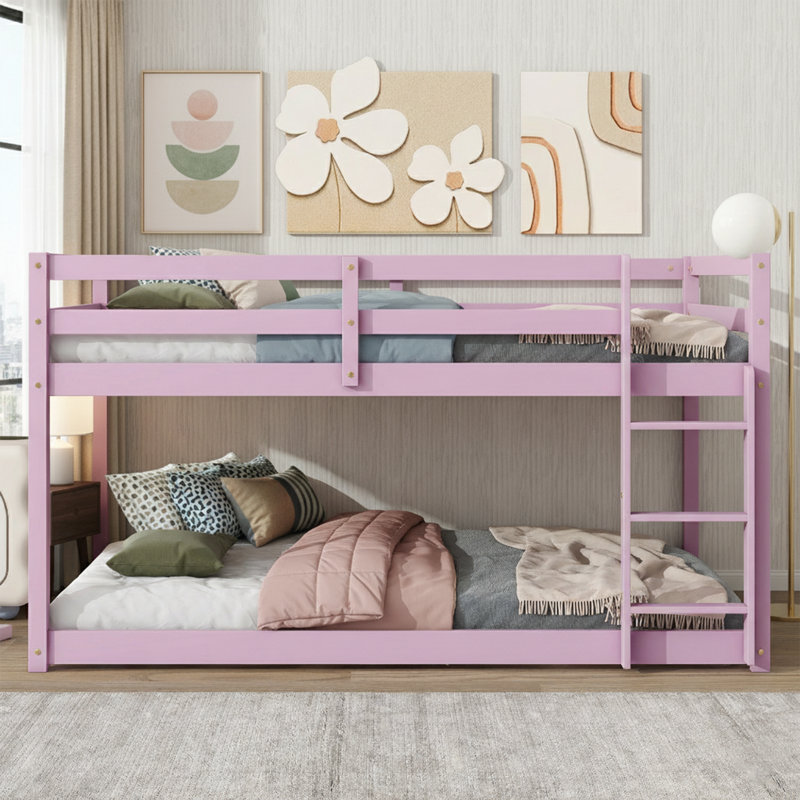  77" Wide Twin over Twin Low Bunk Bed - Solid Rubberwood Floor Bed Frame for Kids - Safety Guardrails and Integrated Ladder - No Box Spring Needed