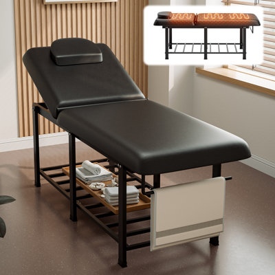 Table de massage chauffante professionnelle avec chauffage intégré, dossier inclinable de 0 à 70°, table d'examen/de physiothérapie stationnaire avec plateau thermique, noire