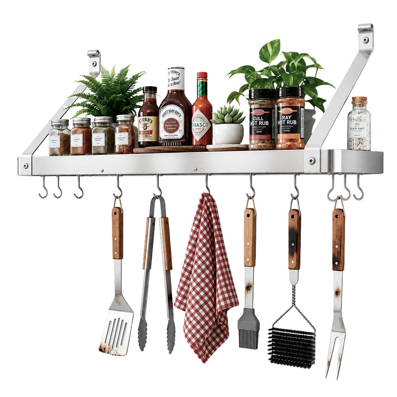Gourmet USA Handcrafted Wall Mounted Pot Rack, 17" H x 36" W x 13" D, Stainless Steel