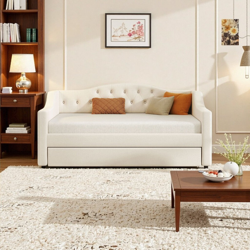 Stylish Beige Full XL Daybed with LED Lights & Pull-Out Trundle, Beige, Full XL