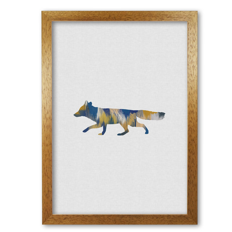 Fox Blue & Yellow - Print, Honey Oak Frame, 42 cm H x 30 cm W x 5 cm D