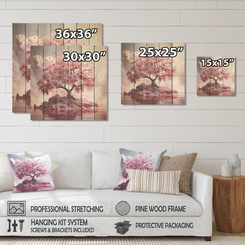 Pink Reflective Cherry Tree Blossoms - Tree Cherry Blossom On Wood Print, 25" H x 25" W