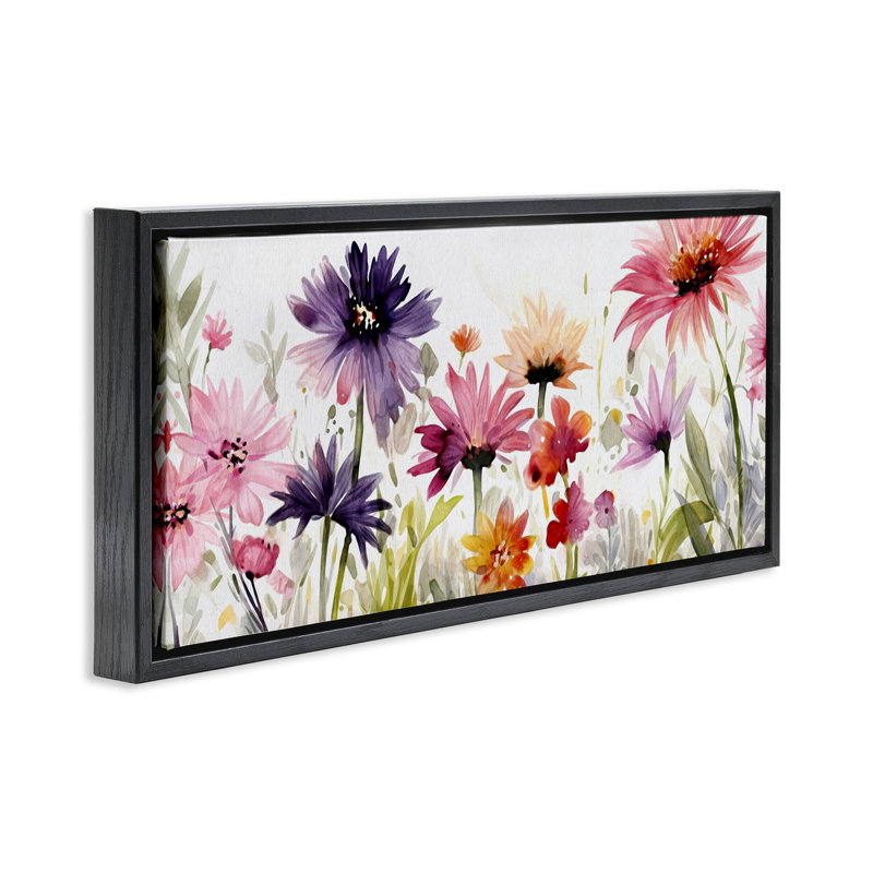 Fleurs roses et mauves, H 11 po x l 25 po, Cadre flottant noir de jais