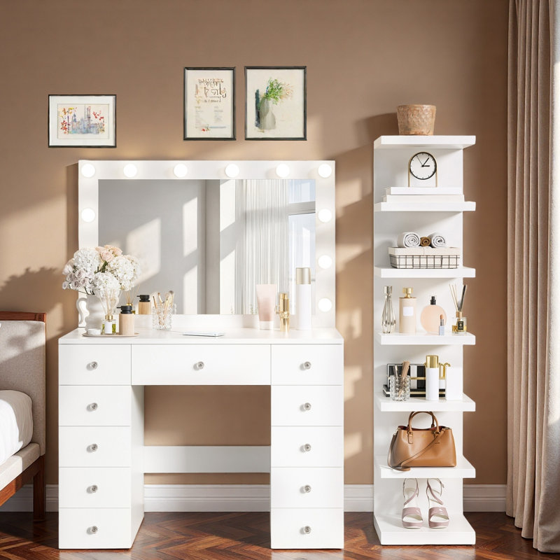 Meuble-lavabo avec 3 modes d'éclairage couleur, 11 ampoules Hollywood, prise de courant, tiroirs et tablettes de rangement à 7 niveaux