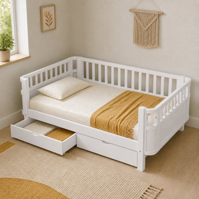 Bed Frame with Guardrails and 2 Storage Drawers, Twin, White