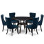 L'ensemble de table de salle à manger 7 pièces comprend une table ronde de 48 po avec piédestal et 6 chaises rembourrées en tissu bleu marine en polyester, noir sablé-1759206545-1759206559