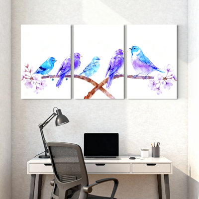 Birds Blue Birds Perched On Cherry Blossom Branch Set of 3 Canvas Wall Art Prints