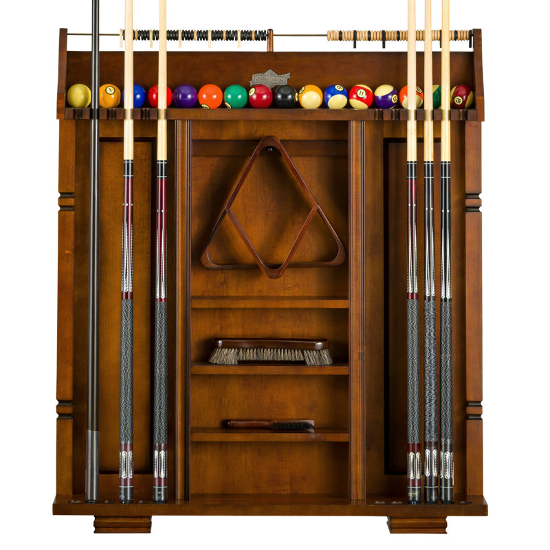 Portemanteau American Heritage Providence - rangement en bois pour table de billard, pouvant contenir jusqu'à 12 queues, système de pointage intégré et tablettes d'accessoires, finition suède