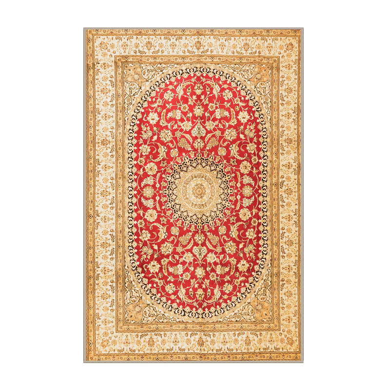 Tapis beige / ivoire / rouge / noir en polyester tissé à la machine Babrak, Rectangle 2 pi x 3 pi