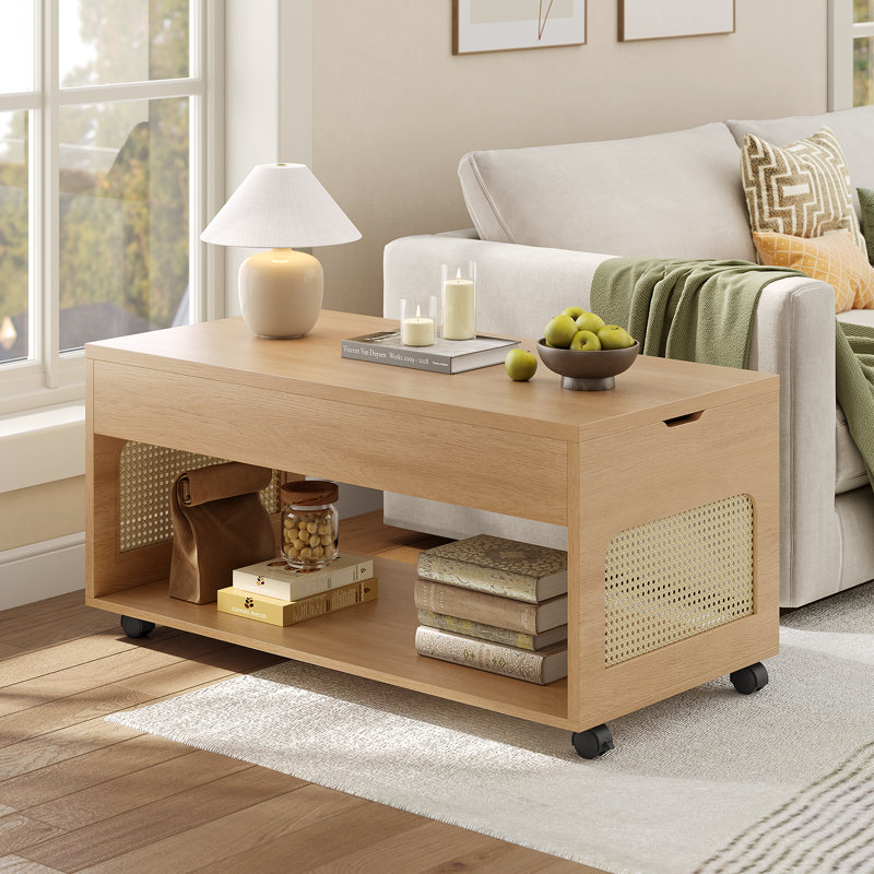 2-in-1 Lift-top Rattan Coffee Table With Wheels, Hidden Compartment And Large Storage Shelf