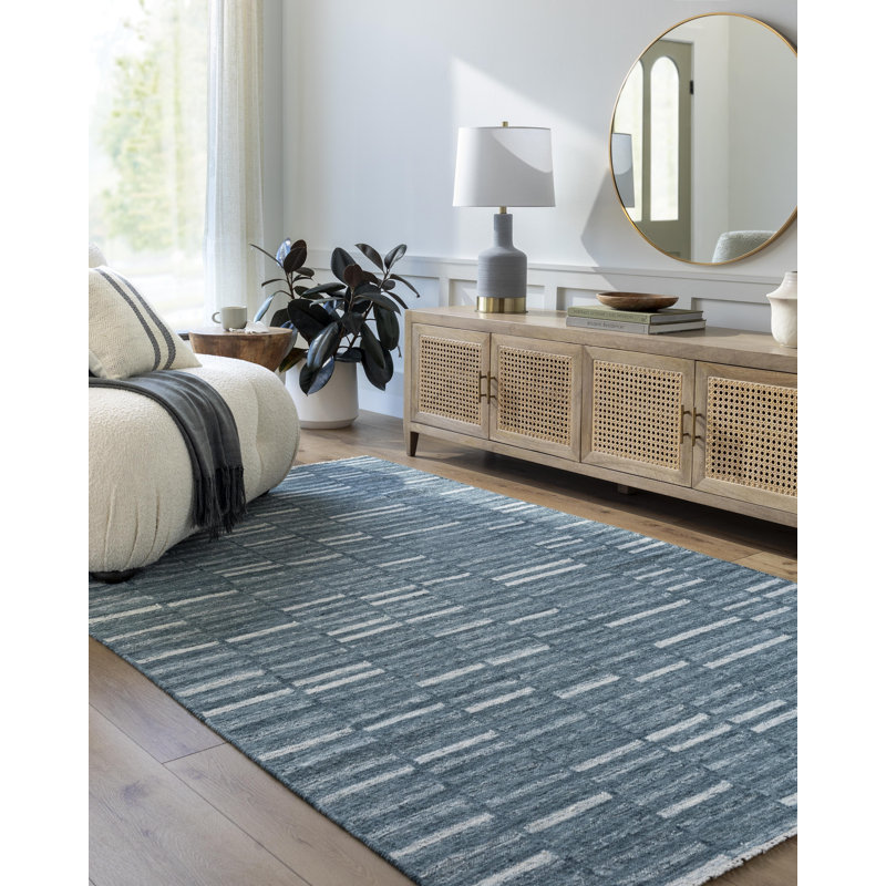 Caniesha Striped Hand Woven Flatweave Wool Area Rug in Blue, Rectangle 10' x 14'