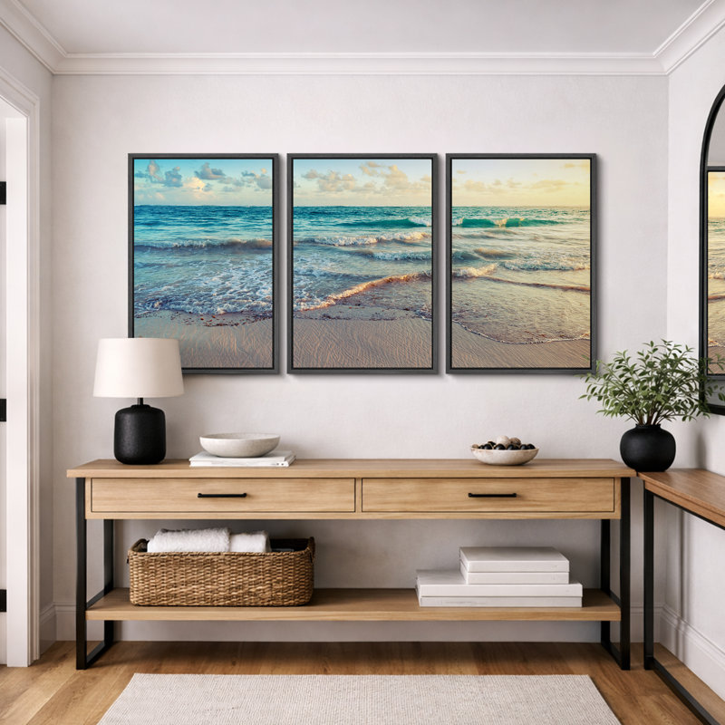 "Coastal Beach", "Sunrise On Ocean Waves Crashing", photos de décor de plage moderne bleu-vert doux, impression sur toile encadrée 3 pièces "16" x 24 "x 3 pièces, 24" x 36 "x 3 pièces