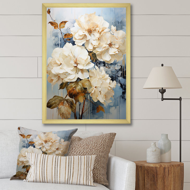 «Minimal Beige Hydrangea Grace», reproduction sur toile, H 32 po x l 24 po x P 1 po, Encadrement doré