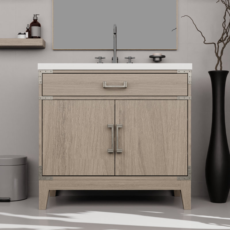 Plateau de meuble-lavabo simple Laurel, Chêne gris, Quartz blanc, 36"