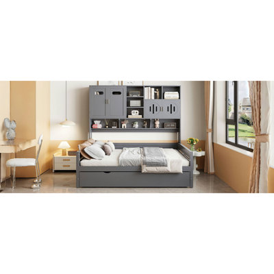 Lit de jour en bois pleine grandeur avec lit gigogne simple, armoire et tablette tout-en-un, gris