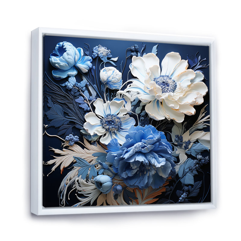 " Blue And White Seasonal Flowers Collage II ", White Floater Framed, 24" H x 24" W x 1" D
