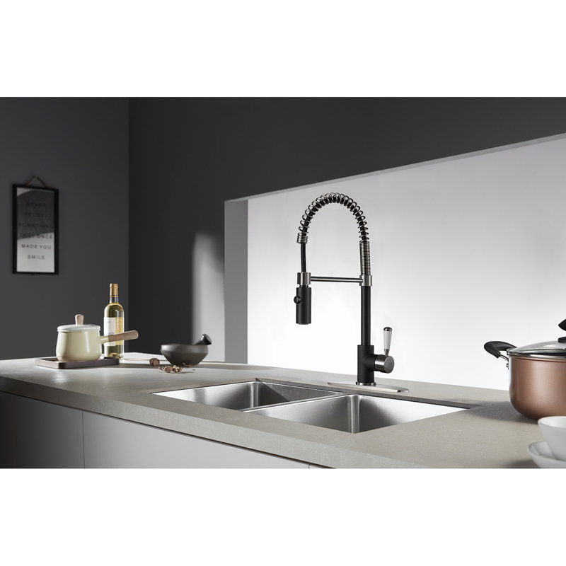 Kingston Brass Paris Single-Handle 1-Hole Deck Mount Pre-Rinse Kitchen Faucet, Matte Black/Satin Nickel