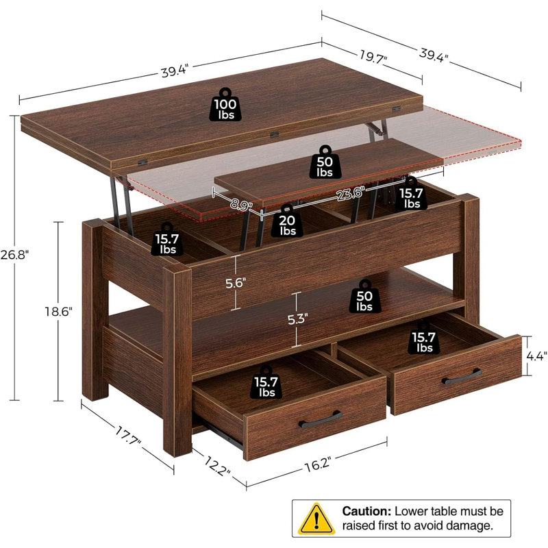 Table basse à plateau relevable multi-fonctions 4-en-1 avec tiroirs et rangement caché, Brun, Modèle n ° 2